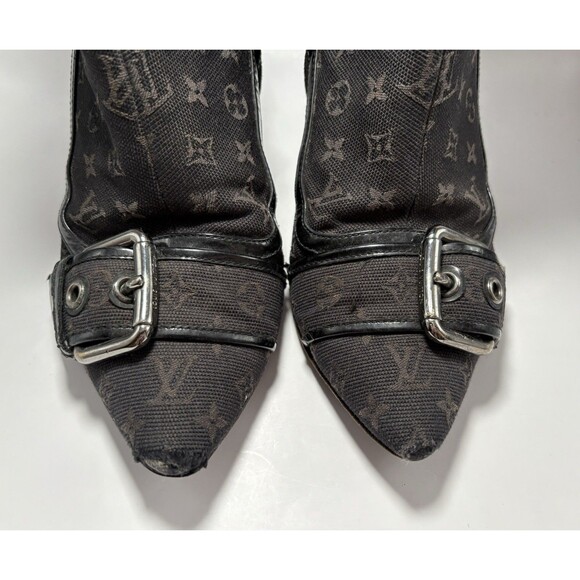 Louis Vuitton Black Canvas Monogram Boots Stiletto Heel Silver Buckle 36 6 Y2K - Picture 6 of 13